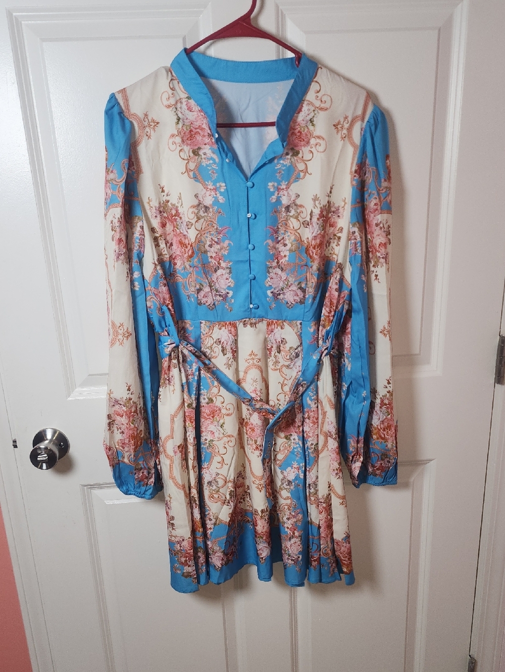 Blue and Cream Floral Button-Front Long-Sleeve Dress with Waist Tie
